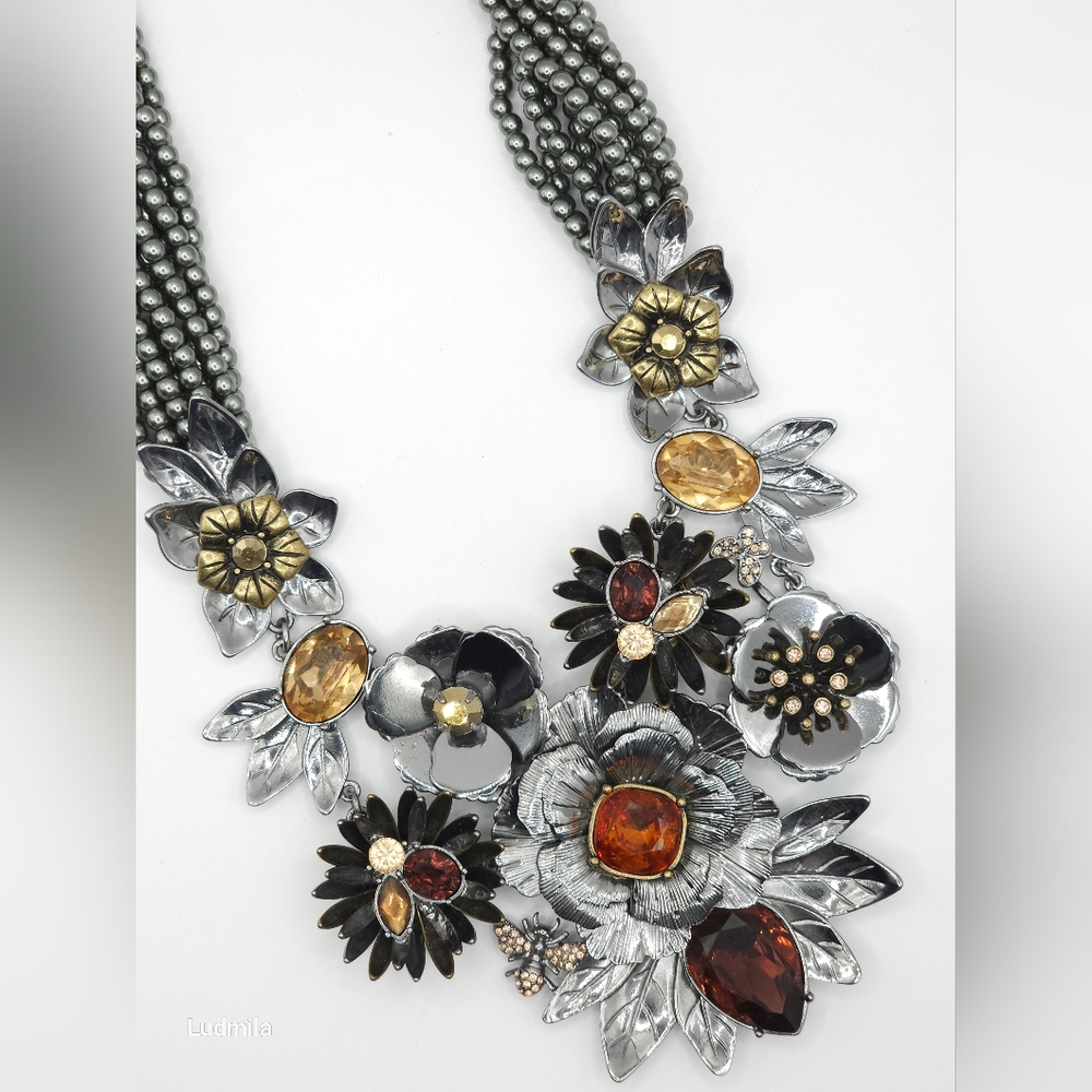 Signed Large Floral Multi-Stranded Statement Neck… - image 8